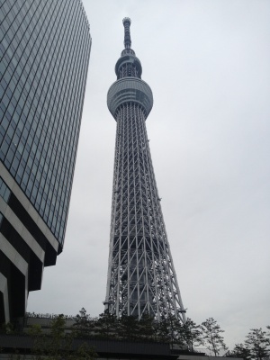 東京ソラマチから見たスカイツリー。すぐ根元なので頂上付近は見上げる形です 東京ソラマチから見たスカイツリー。すぐ根元なので頂上付近は見上げる形です