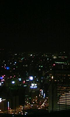 左の写真から少し右へ向いたものです。中央右寄りに、ライトアップされた大阪城がかすかに見えているはず…