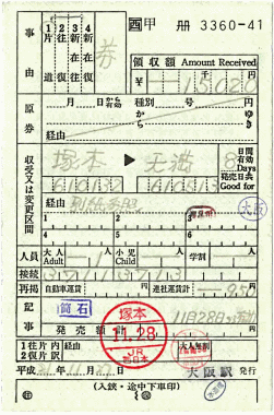 乗車券 塚本→天満、経由:別紙参照/途中下車:(海)品川、水道橋、糸魚川、大阪(他に亀山、東京、両国、新宿で途中下車) 乗車券 塚本→天満、経由:別紙参照/途中下車:(海)品川、水道橋、糸魚川、大阪(他に亀山、東京、両国、新宿で途中下車)